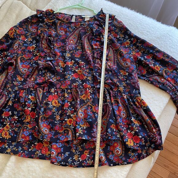 H&M Paisley Peplum Ruffle Long Sleeve Blouse - Size 14 - Picture 4 of 7
